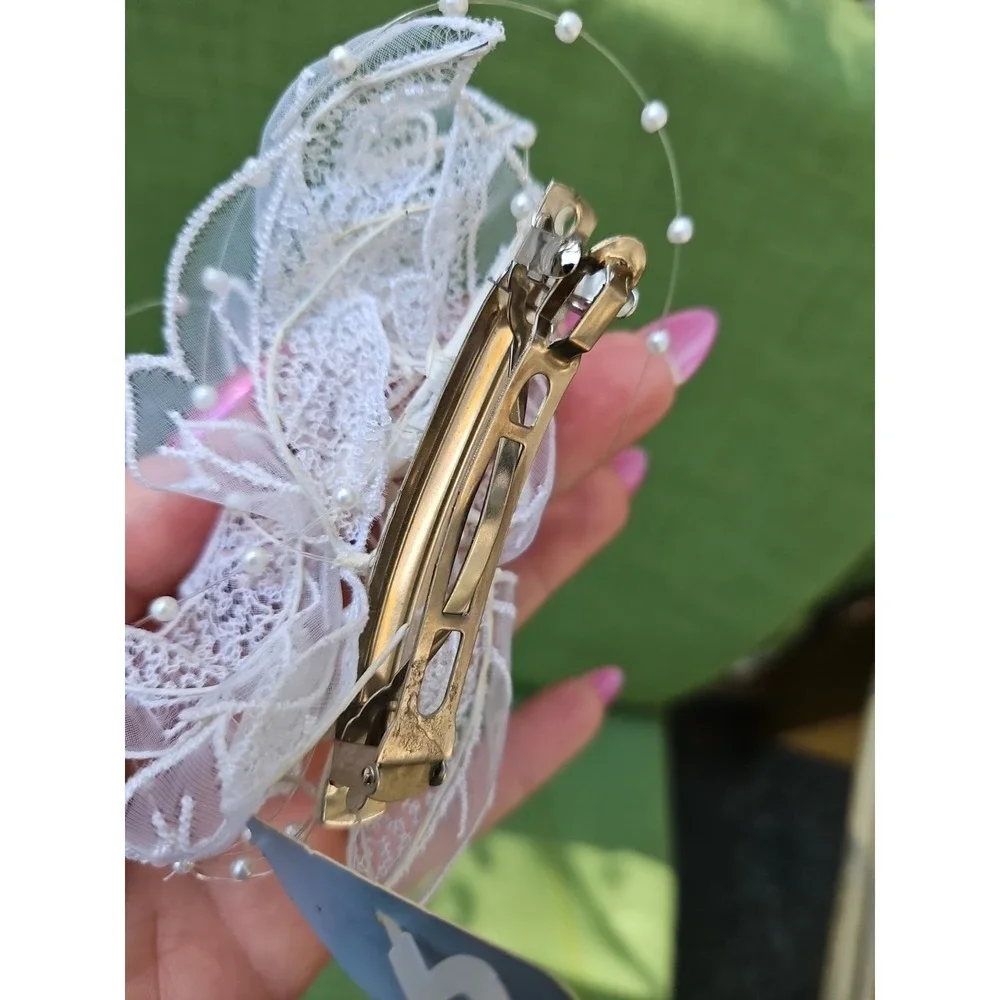 Hair Barrette Bridal Flower Pearls Spray Headpiece Wedding‎ Lace Pink 80s Y2K